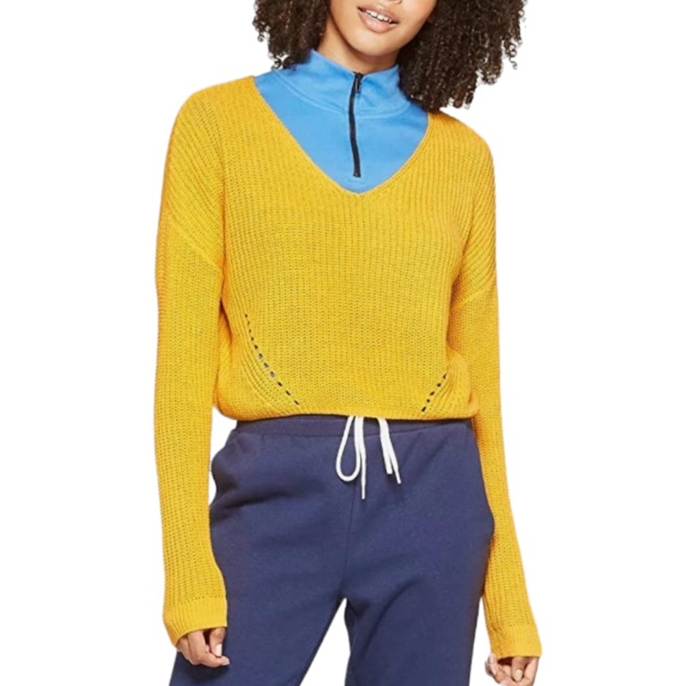 🖤 Wild Fable Women's Yellow Long Sleeve Cropped Pullover V-Neck Sweater